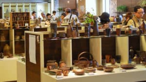 A lot of pottery on display in a Bizenyaki toyukai gallery pottery store.