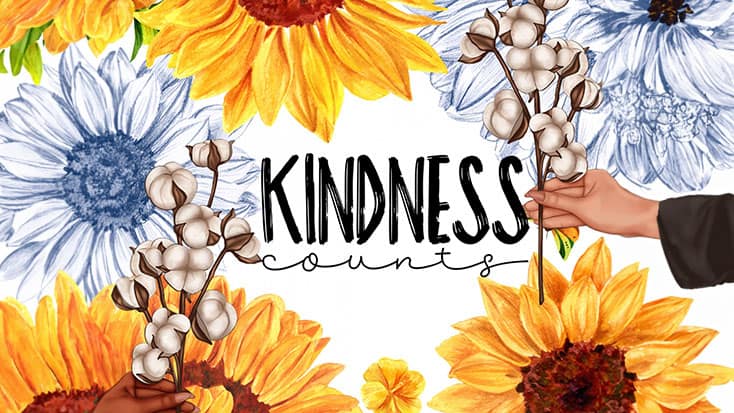 A watercolor illustration of a hand holding sunflowers and the word kindness, part of the "Kindness Can Change The World....And It Costs Nothing©" project.