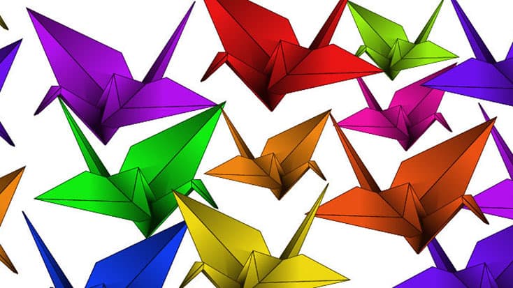 Colorful origami cranes created at Origami Crane Workshop.