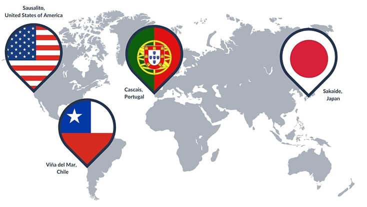 A map of the world showcasing flags from various countries including United States, Japan, Chile and Portugal by the Sausolito Sister Cities Association