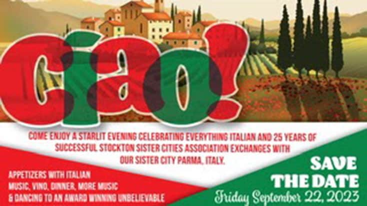 A flyer for the Stockton Sister Cities Association 25th Anniversary Gala featuring the word ciao.