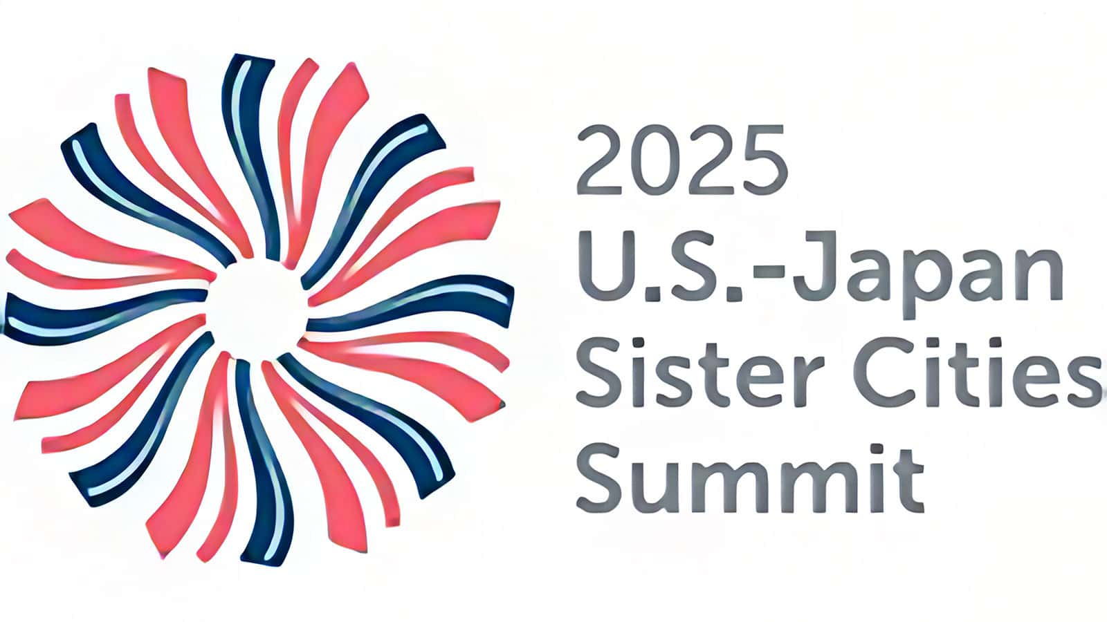 Logo with red and blue wavy lines forming a circle on the left. Text reads: "2025 U.S.-Japan Sister Cities Summit," symbolizing unity and collaboration.