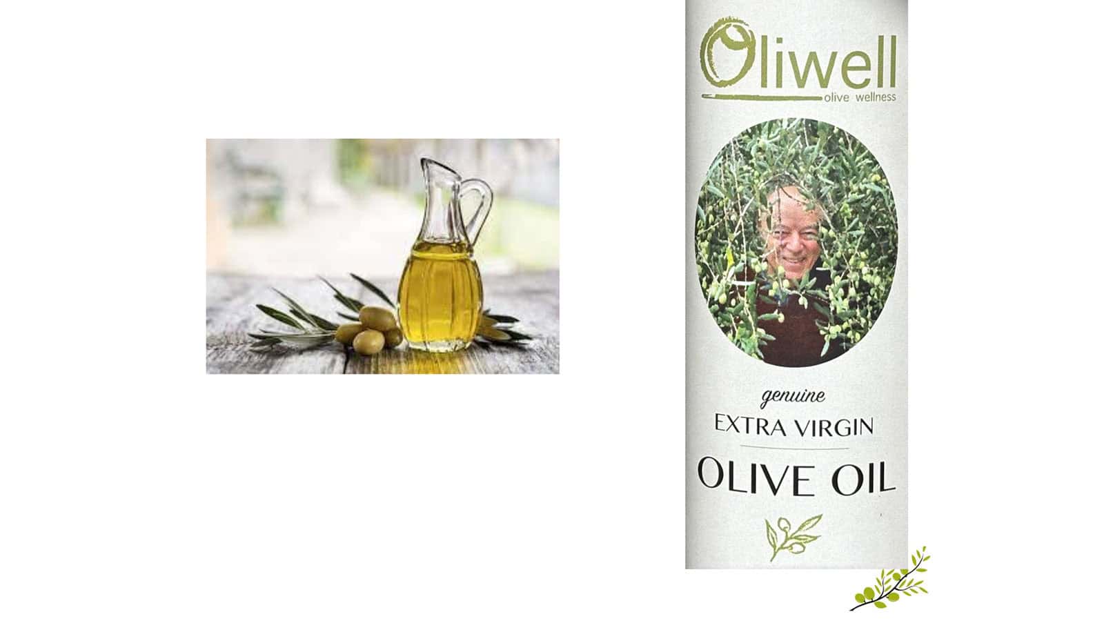 A bottle of extra virgin olive oil labeled "Oliwell" features a person in an olive tree. Nearby, a small carafe holds fragrant olive oil with olives and leaves, perfect for a delightful olive oil tasting experience.