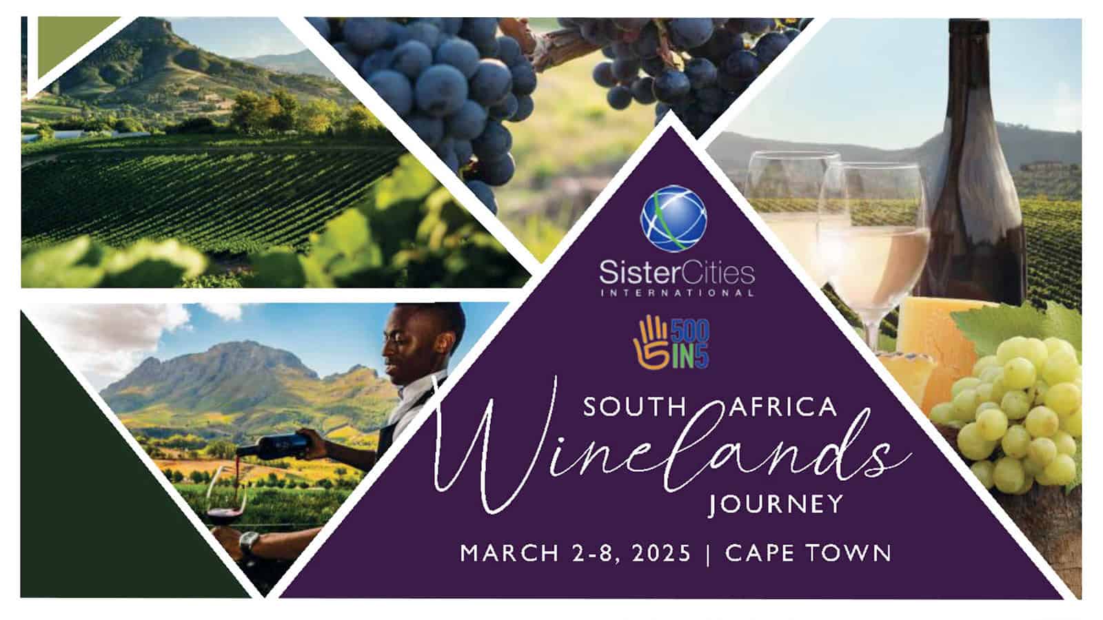 Discover a collage of vibrant vineyards, luscious grapes, and exquisite wine in Cape Town. Join the South Africa Winelands Journey event from March 2-8, 2025, organized by Sister Cities International. Experience the heart of the Winelands like never before.