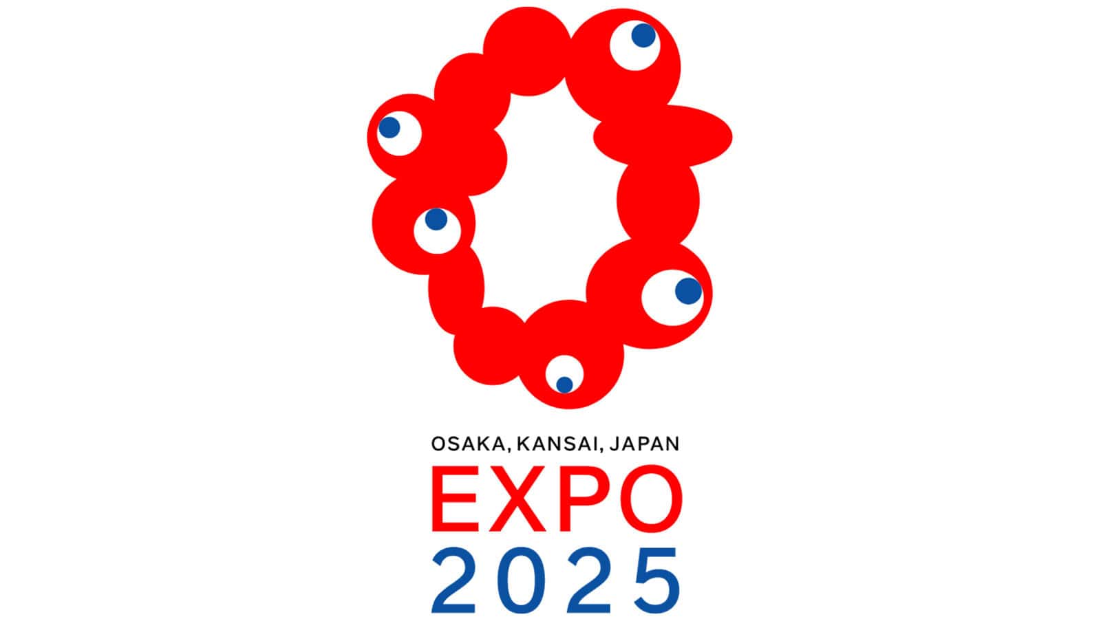 Logo for Expo 2025 in Osaka, Kansai, Japan, showcasing a dynamic red circular design with stylized eye shapes.