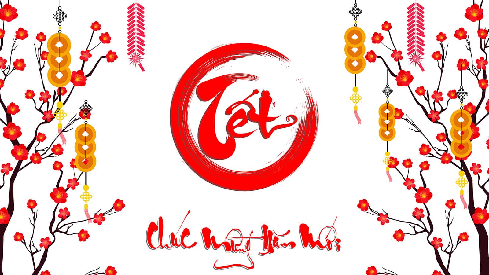 Decorative Tet celebration design featuring red cherry blossoms, hanging ornaments, and red calligraphy symbols on a white background.