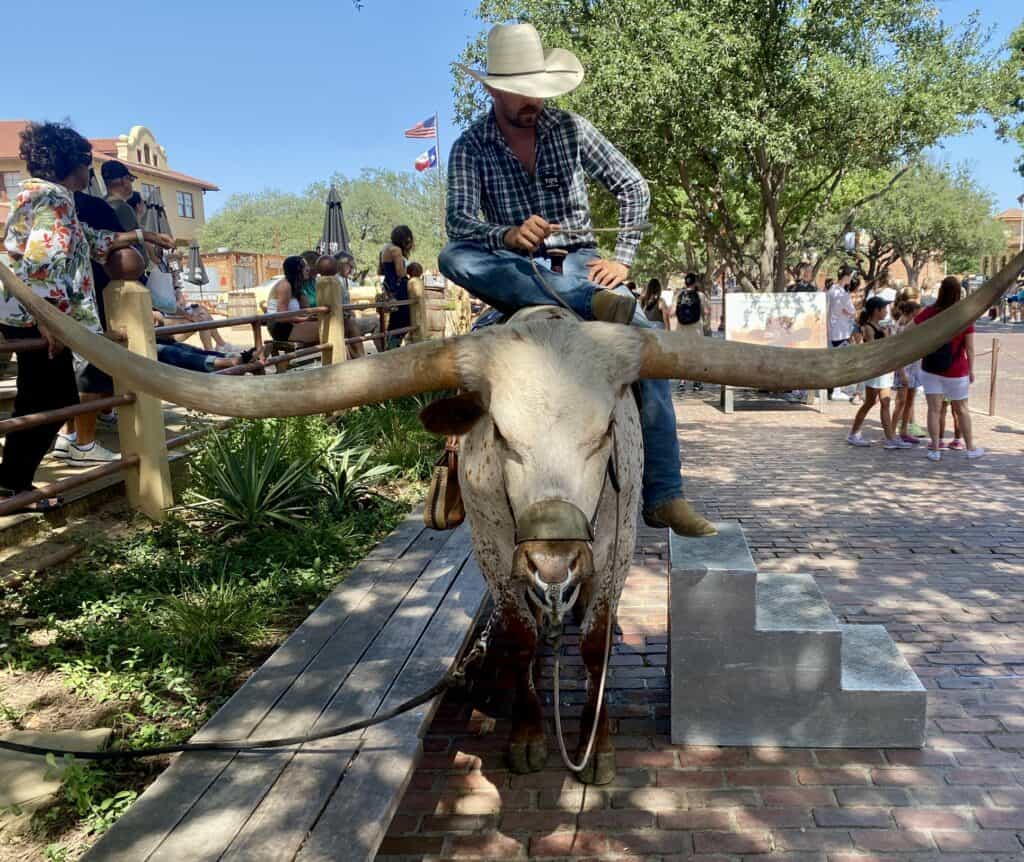 A man in a cowboy hat sits on a Texas Longhorn steer with very large horns; people and flags are visible in the background on a sunny day.