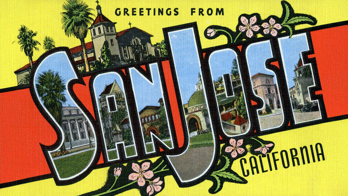 Vintage postcard with "Greetings from San Jose California" text, architectural landmarks, flowers, and a bright yellow background—celebrating the city’s connection with Sister Cities International.