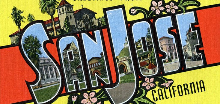 A vintage postcard reads "Greetings from San Jose, California," with images of local landmarks inside large block letters—perfect for commemorating the 2026 SCI National Board Spring Leadership Meetings.