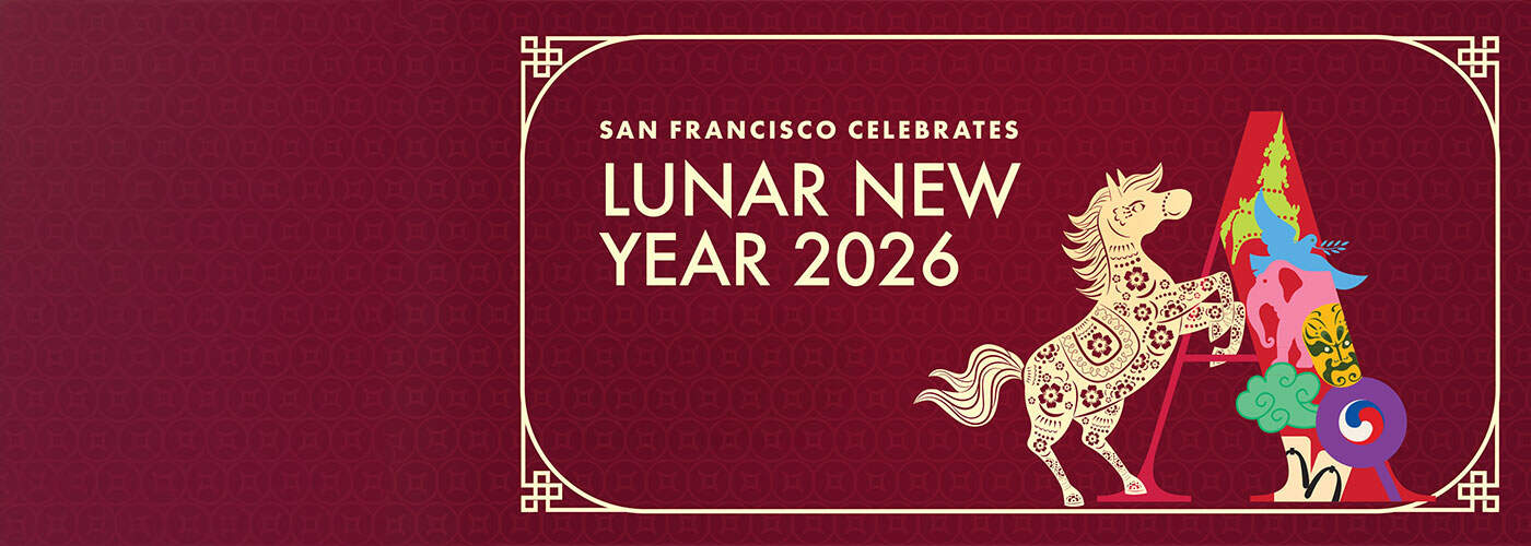 A decorative banner for San Francisco’s 2026 Lunar New Year, featuring a stylized horse and colorful lion dance costume on a red patterned background.