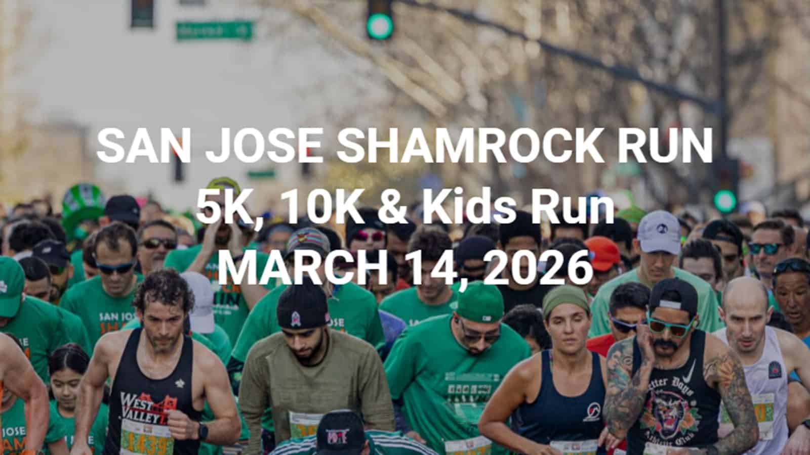 A large group of runners participates in the Shamrock Run, a popular San Jose run featuring 5K, 10K, and Kids Run events.