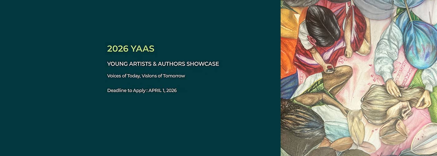2026 YAAS Young Artists & Authors Showcase information beside a colorful illustration of people gathered together, viewed from above.
