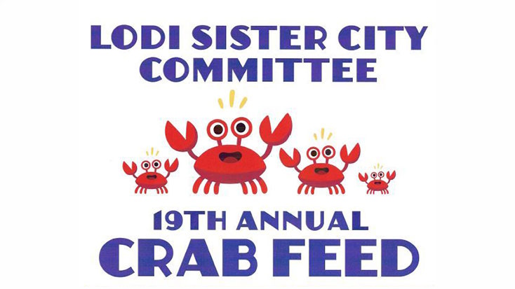 Poster for the Lodi Sister City Committee's 19th Annual Crab Feed, featuring cartoon crabs and bold purple text on a white background.