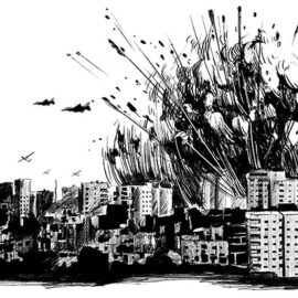 A black-and-white illustration of Gaza City being bombed, with explosions, smoke, and several fighter jets flying overhead—an evocative scene featured in the Sacramento exhibit on the Gaza story.