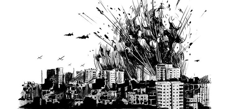 A black-and-white illustration of Gaza City being bombed, with explosions, smoke, and several fighter jets flying overhead—an evocative scene featured in the Sacramento exhibit on the Gaza story.