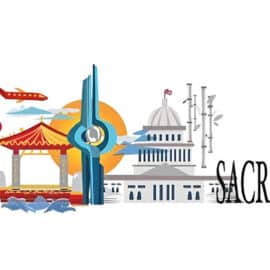 Illustration featuring landmarks from Jinan and Sacramento, with red lanterns, traditional Chinese pavilion, a modern monument, and the California State Capitol building.