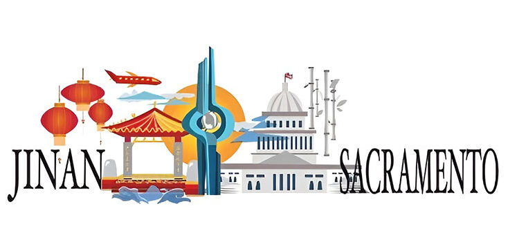 Illustration featuring landmarks from Jinan and Sacramento, with red lanterns, traditional Chinese pavilion, a modern monument, and the California State Capitol building.