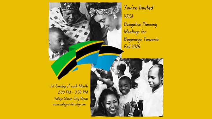 Yellow flyer with black-and-white photos of smiling people, Tanzania flag, and event details for the Vallejo delegation planning meeting for Bagamoyo, Tanzania, Fall 2026.