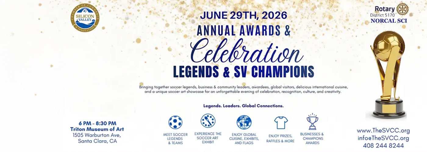 Event banner for the 2026 Annual Awards & Celebration for Legends & SV Champions, with event details, logos, a gold trophy, and icons representing speakers, food, prizes, and networking.