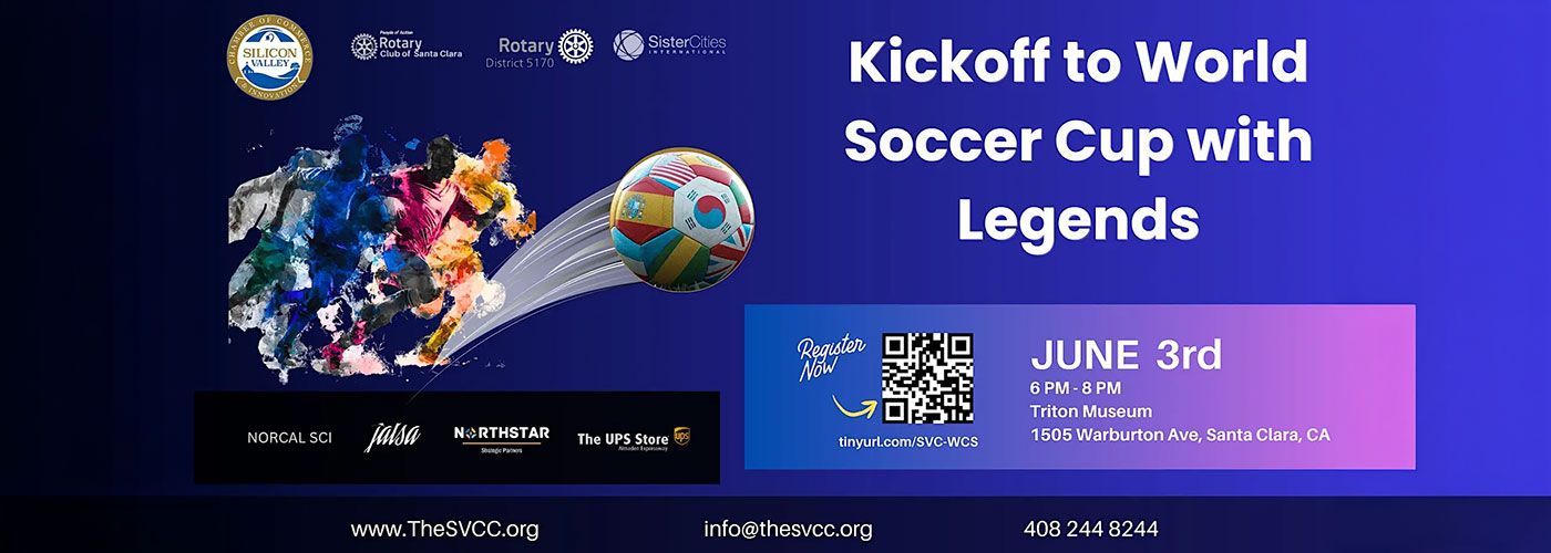 Banner for "Kickoff to World Soccer Cup with Legends" event on June 3rd, 6–8 PM at Triton Museum, Santa Clara, CA, with sponsor logos and a colorful soccer-themed graphic.